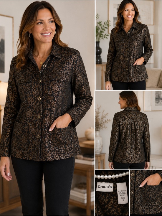 Chico's Tops - Chico’s Size 0 Bronze Black Metallic Floral Lace Shacket Jacket Button Front